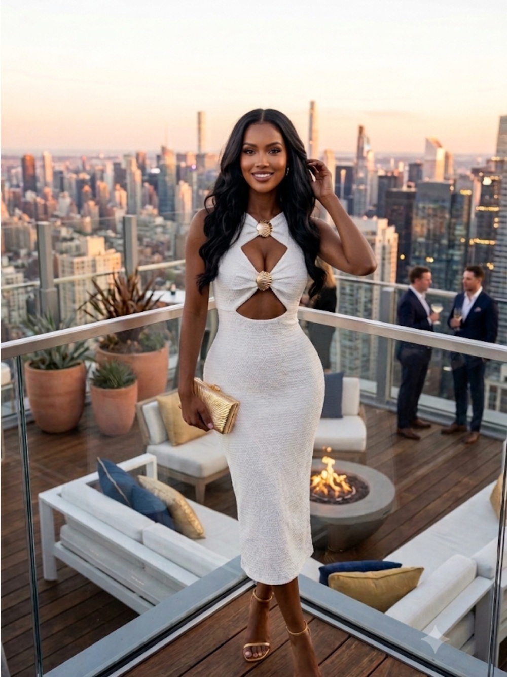 Elegant White Cutout Midi Dress with Gold Accents